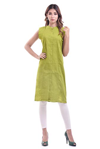 Chichi Indian Women's Cotton Plain Green Kurti Sleeveless Top