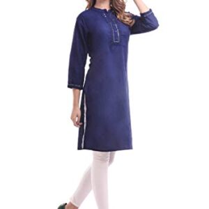 Chichi Indian Women's Plain Cotton Kurti Top, Blue, Small