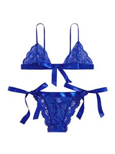 sweatyrocks women's sexy floral lace scalloped trim self tie panty mesh lingerie set dark blue small