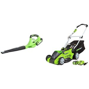greenworks 40v 150 mph cordless sweeper, 4.0 ah battery included 24212 with 25322 lawn mower, 16" battery included