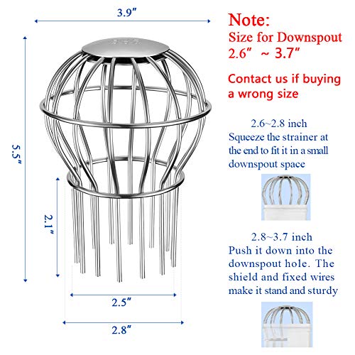 Gutter Guard 3 Inch 304 Stainless Steel Filter Strainer Fits for 2.6" ~ 3.7" Round Downspout, Stops Leaves Seeds and Other Debris Gutter Cleaning Tool – 4 Pack