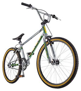 schwinn predator team 24 freestyle bmx bike, throwback 1983 design, single-speed drivetrain, hi-ten steel frame, rattrap pedals, front and rear caliper brakes, 24-inch gum wall tires, chrome