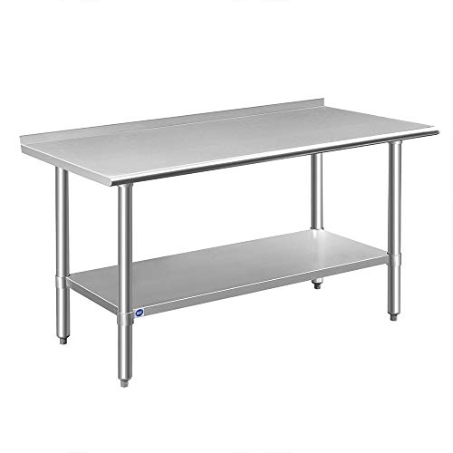 ROCKPOINT Stainless Steel Table for Prep & Work with Backsplash 60x24 Inches, NSF Metal Commercial Kitchen Table with Adjustable Under Shelf and Table Foot for Restaurant, Home and Hotel