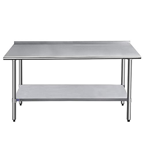 ROCKPOINT Stainless Steel Table for Prep & Work with Backsplash 60x24 Inches, NSF Metal Commercial Kitchen Table with Adjustable Under Shelf and Table Foot for Restaurant, Home and Hotel