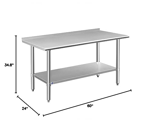 ROCKPOINT Stainless Steel Table for Prep & Work with Backsplash 60x24 Inches, NSF Metal Commercial Kitchen Table with Adjustable Under Shelf and Table Foot for Restaurant, Home and Hotel