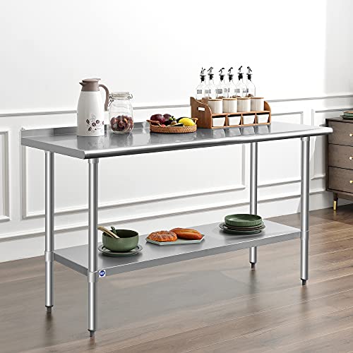 ROCKPOINT Stainless Steel Table for Prep & Work with Backsplash 60x24 Inches, NSF Metal Commercial Kitchen Table with Adjustable Under Shelf and Table Foot for Restaurant, Home and Hotel