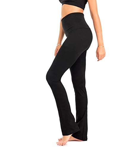 DEAR SPARKLE Bootcut Fold Over Leggings for Women | Slim Look Bootleg Yoga Pants w Pocket + Plus Size (C5 F) (Black, Medium)