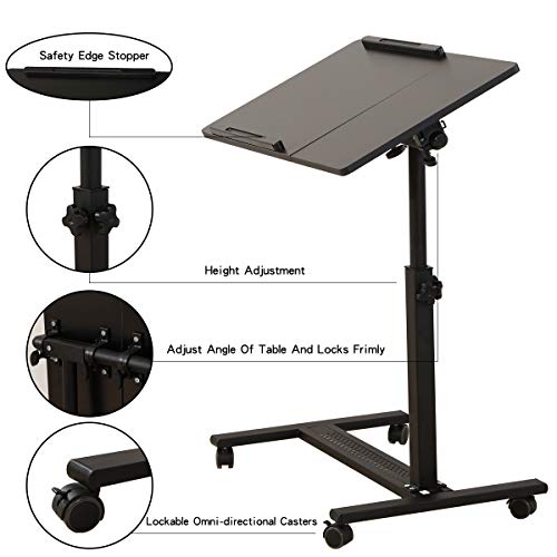 TigerDad Over Bed Table with Wheels Adjustable | Rolling Laptop Table Overbed Desk Hospital Tray Table Sofa Chair Side Table (Black)