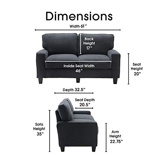 Serta Palisades Upholstered Sofas for Living Room Modern Design Couch, Straight Arms, Soft Fabric Upholstery, Tool-Free Assembly, 61" Loveseat, Charcoal