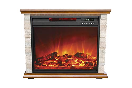 LifeSmart LifePro 1500 Watt Electric Infrared Quartz Fireplace Heater for Indoor Use with 3 Heating Elements and Remote, Faux Stone & Oak Wood