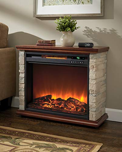 LifeSmart LifePro 1500 Watt Electric Infrared Quartz Fireplace Heater for Indoor Use with 3 Heating Elements and Remote, Faux Stone & Oak Wood