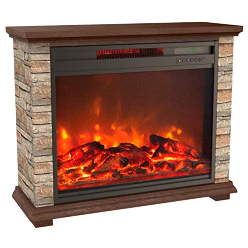 LifeSmart LifePro 1500 Watt Electric Infrared Quartz Fireplace Heater for Indoor Use with 3 Heating Elements and Remote, Faux Stone & Oak Wood