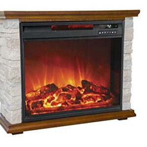 LifeSmart LifePro 1500 Watt Electric Infrared Quartz Fireplace Heater for Indoor Use with 3 Heating Elements and Remote, Faux Stone & Oak Wood