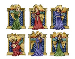 design works crafts medieval angels counted cross stitch ornament kit, red, blue, green, gold and more (mixed)