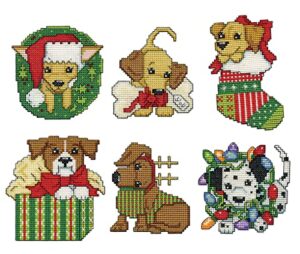 design works crafts christmas puppies counted cross stitch ornament kit, white