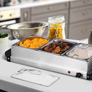 OVENTE Electric Buffet Server & Food Warmer with Temperature Control Perfect for Parties, Dinners and Entertaining, Three 1.5 Quart Chafing Dish Set with Stainless Steel Warming Tray, Silver FW173S