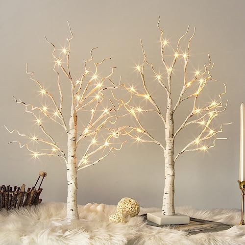 Vanthylit Tabletop Christmas Tree, White Birch Tree with LED Lights- Set of 2, Warm White Small Tree Lights Battery Powered Timer, Lighted Tree for Mantle Christmas Decorations (2FT, 24LED)