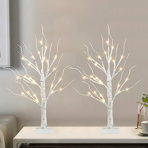 Vanthylit Tabletop Christmas Tree, White Birch Tree with LED Lights- Set of 2, Warm White Small Tree Lights Battery Powered Timer, Lighted Tree for Mantle Christmas Decorations (2FT, 24LED)