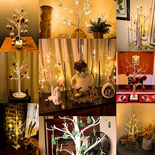 Vanthylit Tabletop Christmas Tree, White Birch Tree with LED Lights- Set of 2, Warm White Small Tree Lights Battery Powered Timer, Lighted Tree for Mantle Christmas Decorations (2FT, 24LED)