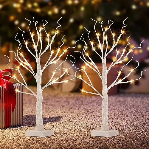 Vanthylit Tabletop Christmas Tree, White Birch Tree with LED Lights- Set of 2, Warm White Small Tree Lights Battery Powered Timer, Lighted Tree for Mantle Christmas Decorations (2FT, 24LED)