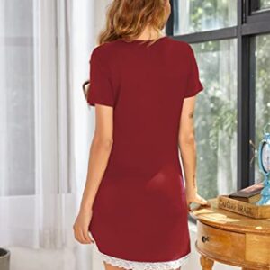 Ekouaer Womens Nightgown Womens Sleepwear Sexy V Neck Nightshirt Short Sleeve Sleepshirts withCurve Hem, Wine Red M