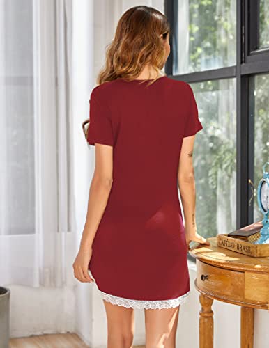 Ekouaer Womens Nightgown Womens Sleepwear Sexy V Neck Nightshirt Short Sleeve Sleepshirts withCurve Hem, Wine Red M