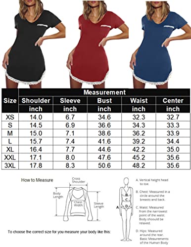 Ekouaer Womens Nightgown Womens Sleepwear Sexy V Neck Nightshirt Short Sleeve Sleepshirts withCurve Hem, Wine Red M