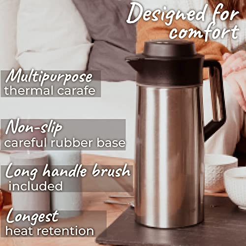 Pykal Thermal Coffee Carafe - with ThermaClick Lid, 68 oz Capacity, Lab Tested 8 Hour 150F Heat Retention, Surgical Rust Resistant Stainless Steel, Long Handle Brush Included Inside