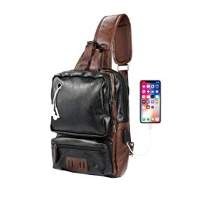 men's sling bag, crossbody pu leather shoulder backpack with usb charging port, vintage chest bag for men(black)