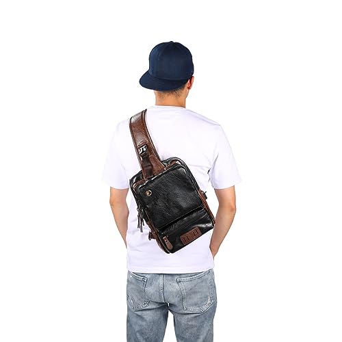 Men's Sling Bag, Crossbody PU Leather Shoulder Backpack with USB Charging Port, Vintage Chest Bag for Men(Black)