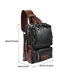 Men's Sling Bag, Crossbody PU Leather Shoulder Backpack with USB Charging Port, Vintage Chest Bag for Men(Black)