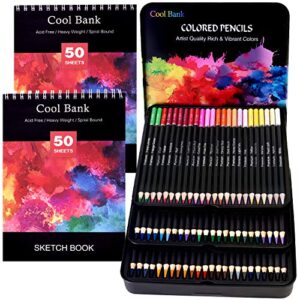 cool bank 72 professional colored pencils, artist pencils set with 2 x 50 page drawing pad(a4), premium artist soft series lead with vibrant colors for sketching, shading & coloring in tin box
