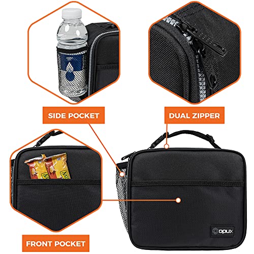 OPUX Insulated Lunch Bag, Soft Lunch Box for School Kids Boys Girls, Leakproof Small Lunch Pail for Adult Men Women, Reusable Compact Lunchbox Lunch Cooler Tote Bag for Office Work (Black)