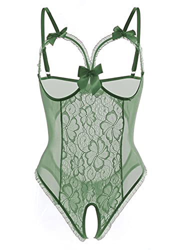 ALLureLove Lingerie for Women Sexy One-Piece Teddy Lingerie Bodysuit Lace Nightie (Small, Green)