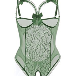 ALLureLove Lingerie for Women Sexy One-Piece Teddy Lingerie Bodysuit Lace Nightie (Small, Green)