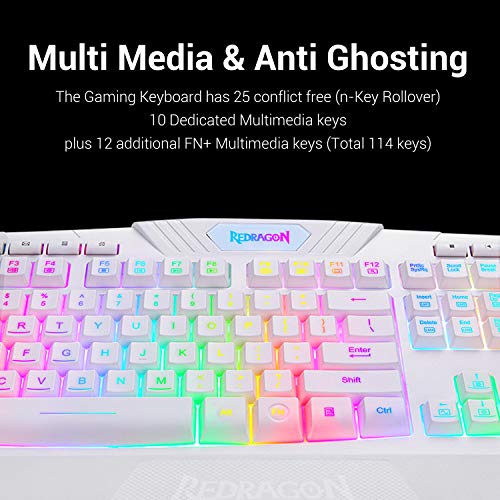 Redragon S101 Wired RGB Backlit Gaming Keyboard with Multimedia Keys Wrist Rest and Red Backlit Mouse Combo 3200 DPI for Windows PC Gamers (White)