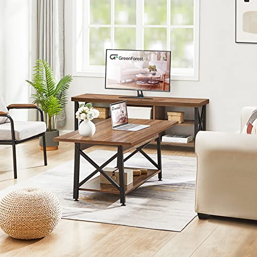 GreenForest Coffee Table Large 43.3 x 23.6 inch Farmhouse Rustic with Storage Shelf for Living Room, Easy Assembly, Walnut