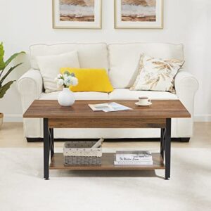 GreenForest Coffee Table Large 43.3 x 23.6 inch Farmhouse Rustic with Storage Shelf for Living Room, Easy Assembly, Walnut