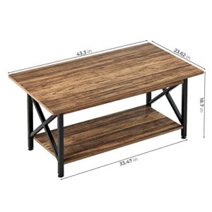 GreenForest Coffee Table Large 43.3 x 23.6 inch Farmhouse Rustic with Storage Shelf for Living Room, Easy Assembly, Walnut