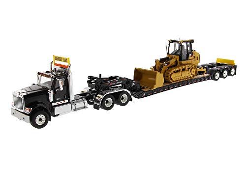 International HX520 Tandem Tractor Black with XL 120 Lowboy Trailer and CAT Caterpillar 963K Track Loader Set of 2 Pieces 1/50 Diecast Models by Diecast Masters 85599