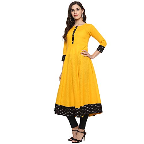 Yash Gallery Women's Cotton Printed Anarkali Kurta (Yellow)