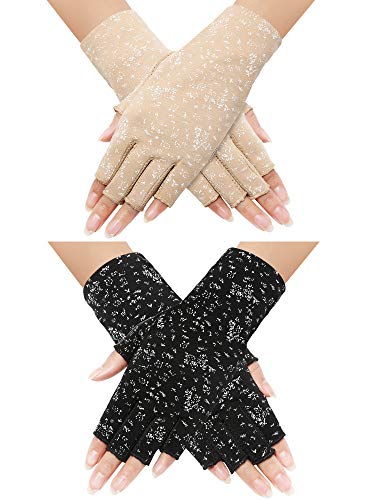 Maxdot 2 Pairs Women Sunblock Fingerless Gloves Non Skid Summer Gloves UV Protection Driving Gloves (Black, Khaki)