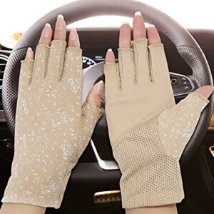 Maxdot 2 Pairs Women Sunblock Fingerless Gloves Non Skid Summer Gloves UV Protection Driving Gloves (Black, Khaki)