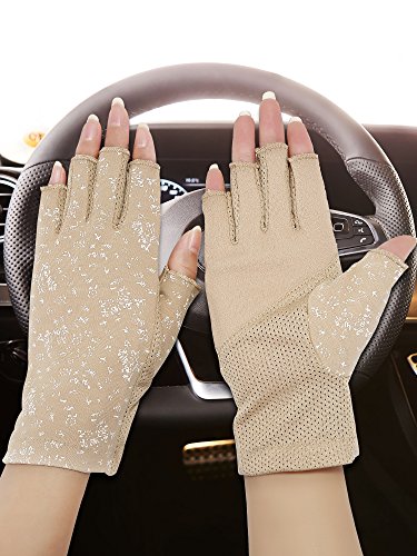 Maxdot 2 Pairs Women Sunblock Fingerless Gloves Non Skid Summer Gloves UV Protection Driving Gloves (Black, Khaki)