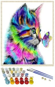 icoostor paint by numbers diy acrylic painting kit for kids & adults beginner – 16” x 20” cute cat and butterfly pattern