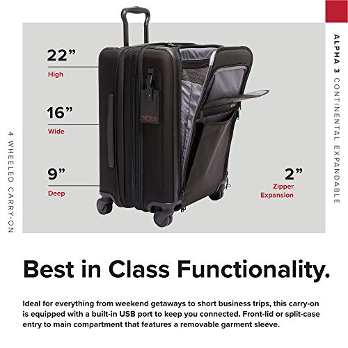 TUMI Alpha Continental Expandable 4-Wheeled Carry-On - Roller Bag for Extended Trips or Weekend Getaways - Carry-On Luggage with 4 Spinner Wheels - Travel Suitcase for Men & Women - Black