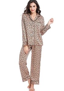 serenedelicacy women's satin pajama set 2-piece sleepwear loungewear long sleeve button down silky pj set (medium, tan/black/ivory, leopard)