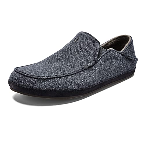 OLUKAI Moloa Hulu Men's Wool-Blend Slippers, Soft & Heathered Knit Slip On Shoes, Suede Leather Foxing, Drop-In Heel Design, Dk Shadow/Dk Shadow, 11