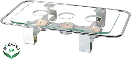 NewlineNY Chrome Plated Glass Dish Warmer, Rectangular Glass-Top 3 Holes Tea Light Votive Candle Gourmet Food Warmer