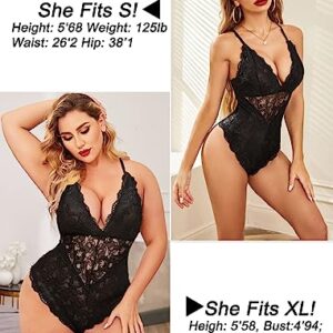 Avidlove Snap Crotch Lingerie Women Deep V Lace Teddy Bodysuit One Piece Babydoll(Black,L)